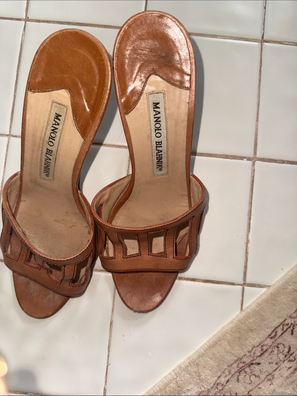 MANOLO BLAHNIK TAN LEATHER HEELS SLIDES MILES SANDALS SZ 6